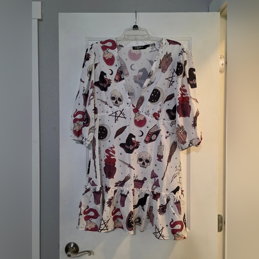 White Dress with Witchy Print